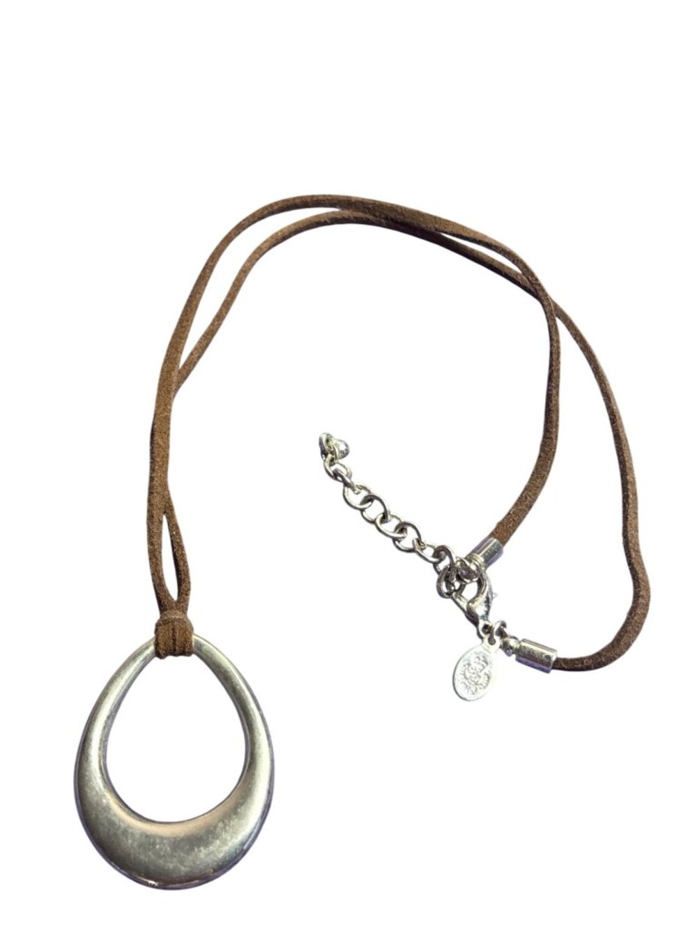 Premier Designs Silvertone Teardrop Pendant Necklace Brown Suede Cord 18 - 19 in